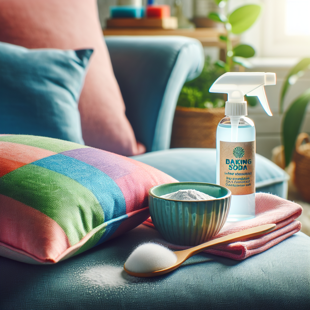 A vibrant, clean fabric sofa cushion looking fresh and inviting, completely free of stains. Next to it, on a blurred background, are a small bowl of baking soda, a spray bottle with an eco-friendly label, and a clean microfiber cloth. Bright, airy atmosphere, natural light, conveying a sense of relief and cleanliness.