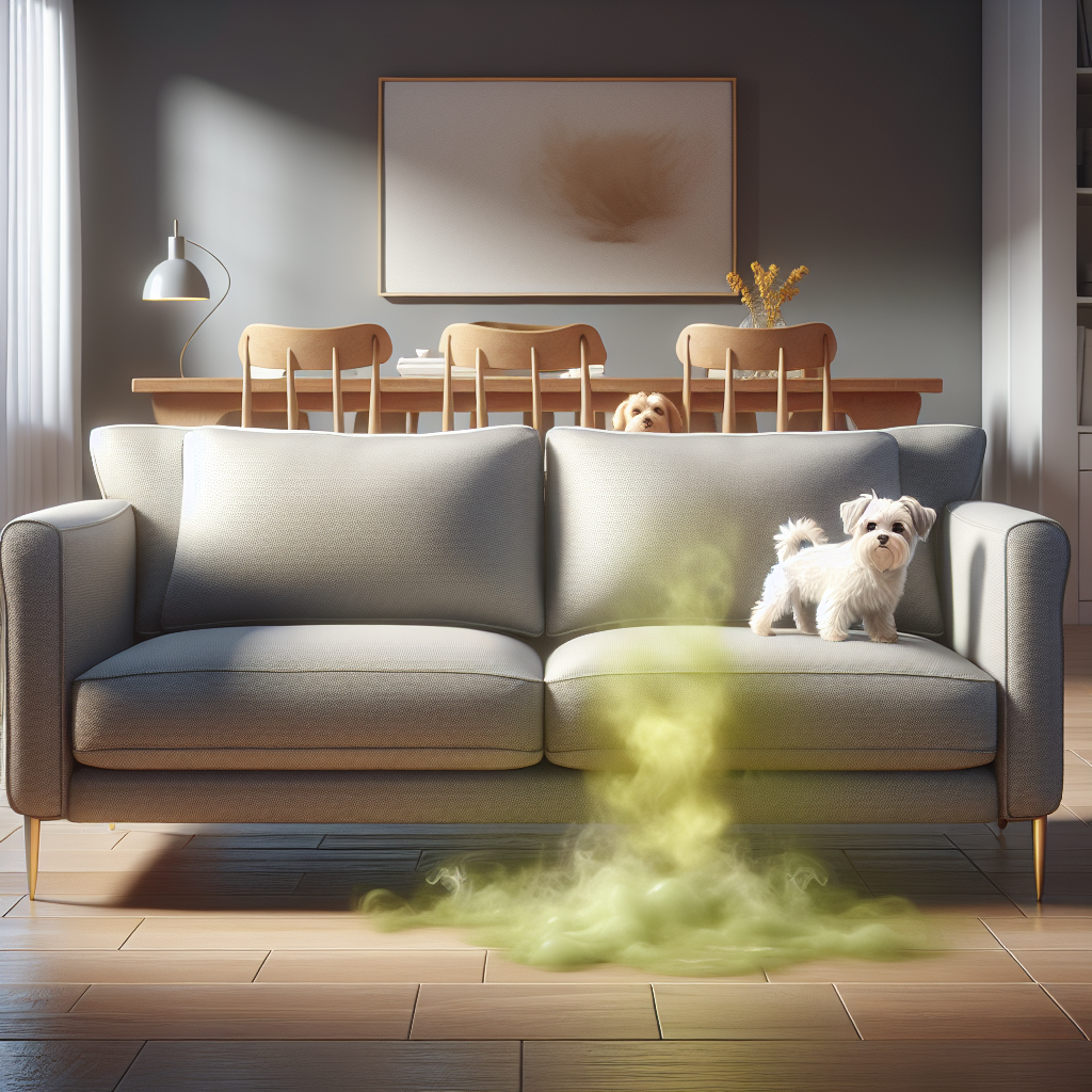 A cozy, light-colored fabric sofa in a modern living room. A subtle, transparent, greenish-yellow vapor rises from a small, slightly darker wet patch on one cushion, indicating an unpleasant smell. A small, cute dog or cat peeks nervously from behind the sofa, looking guilty. Soft, natural lighting. Realistic style.