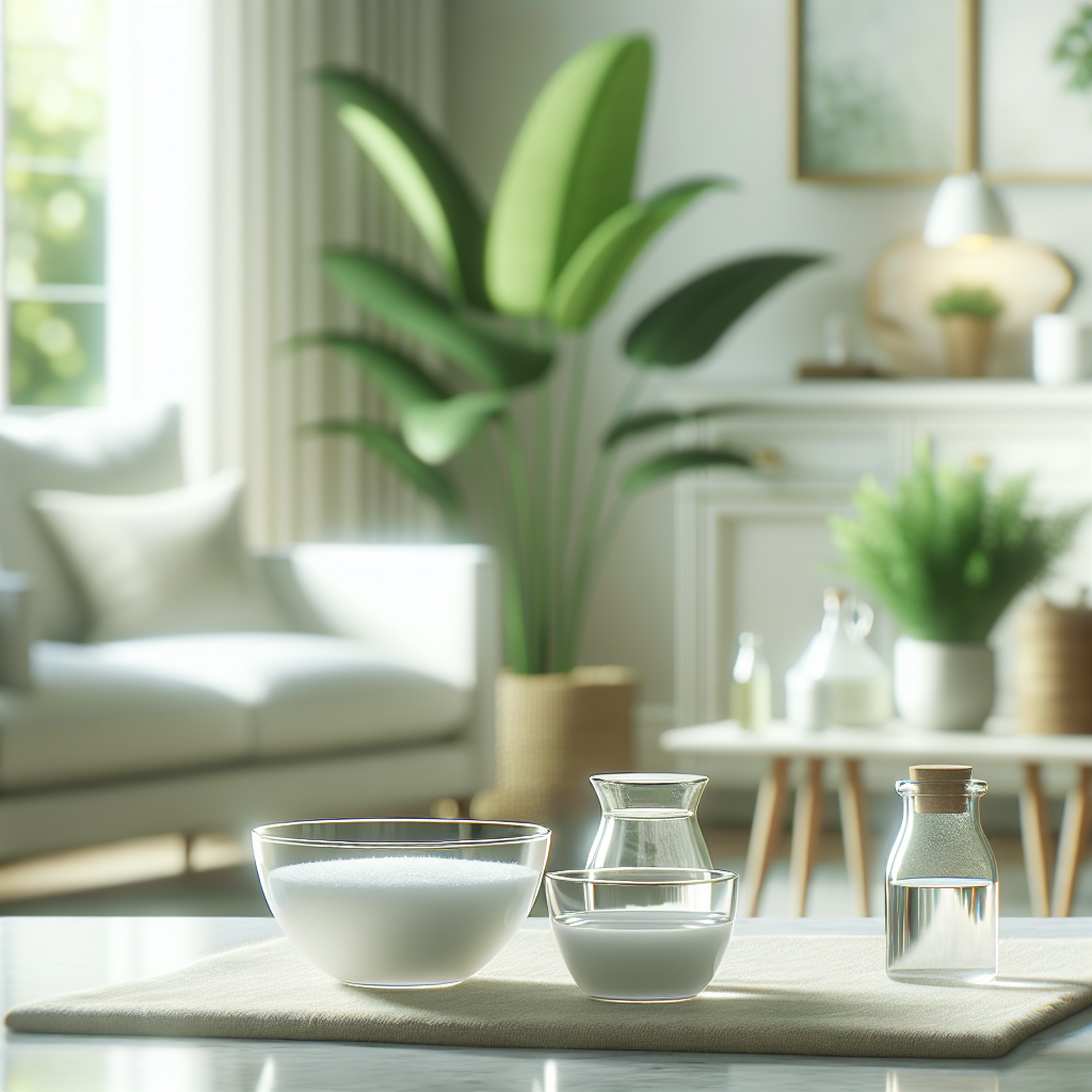 A bright, clean, and airy home interior scene, evoking a sense of freshness and purity. On a pristine, light-colored surface, there are two elegant, clear glass bowls – one containing white vinegar and the other baking soda, subtly arranged. A vibrant green houseplant adds a touch of natural life and freshness in the soft background, under gentle, natural light. The overall mood is calm, clean, and inviting, suggesting a home free of unpleasant odors. High-quality photography, soft focus, minimalist style.