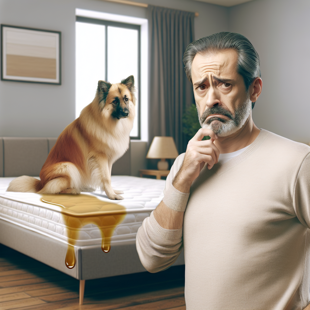 A slightly distressed parent or pet owner with a subtle frown, standing near a bed where a mattress has a light, damp-looking stain, visually implying an unpleasant odor. The room is a cozy bedroom, realistic style, conveying the initial problem of urine smell in bed. Focus on human emotion and the problem.