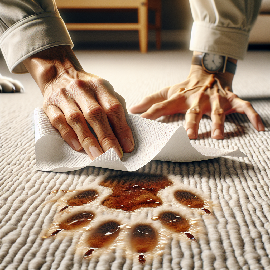 A close-up, photorealistic shot of hands quickly dabbing a fresh, damp spot on a light-colored carpet with kitchen paper, implying a recent pet urine accident. The carpet is soft and clean, but the focus is on the urgent removal of the liquid. The background is slightly blurred, hinting at a cozy home environment. The mood is one of swift action and problem-solving.