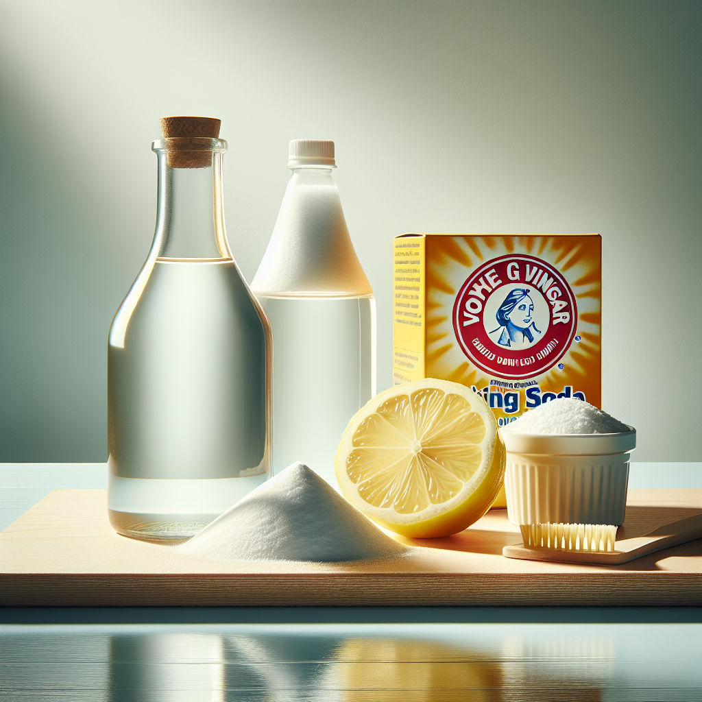 A bright, clean still life photograph featuring a bottle of white vinegar, a box of baking soda, and a half-cut lemon on a polished, light-colored wooden surface. The composition suggests natural cleaning solutions at work, with soft, diffused light highlighting the textures and the promise of freshness. There's a subtle, almost invisible, wisp of 'clean air' or 'neutralized smell' effect, without being cartoonish.