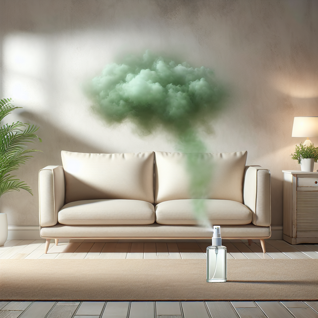 A clean, modern living room with a beige sofa. Above a small section of the sofa, a subtle, transparent, greenish-brown cloud of unpleasant odor is artistically depicted, conveying a bad smell. In the foreground, a gentle stream of fresh, clean air or a spray bottle with a delicate mist is shown, symbolizing odor removal and freshness. Soft, natural lighting. Realistic, high-quality photograph.