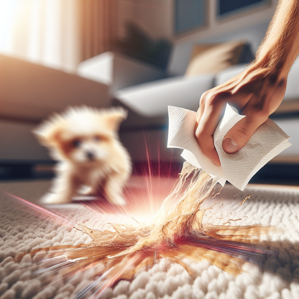 A close-up, realistic shot of a human hand quickly pressing a stack of white paper towels onto a fresh, slightly wet urine spot on a light beige living room carpet. The edges of a cute, slightly guilty-looking small dog or cat are subtly visible in the blurred background. Bright, natural indoor lighting, conveying a moment of quick action.