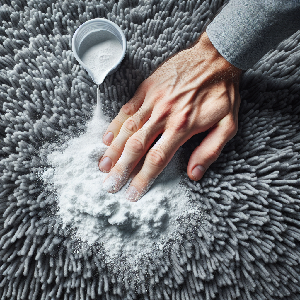 A detailed, overhead shot of a hand gently sprinkling a generous amount of white powder, like baking soda (Natron), onto a subtle, dried stain on a plush, clean-looking gray carpet. The surrounding carpet fibers appear fresh and pristine, highlighting the effectiveness of a home remedy.