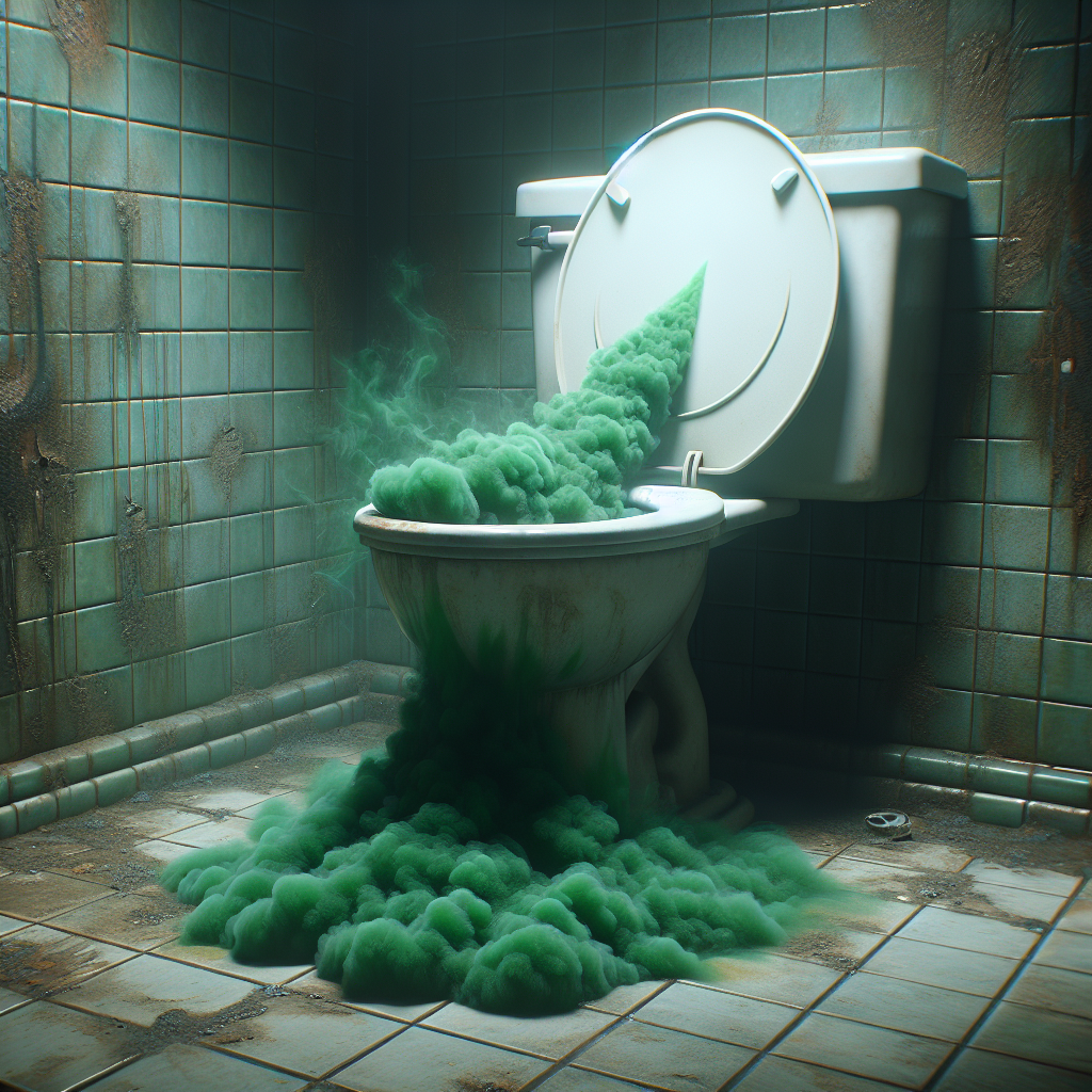 A close-up of a neglected toilet in a bathroom, with a distinct, unpleasant, stylized green odor cloud visibly rising from the bowl and under the rim. The bathroom appears dingy and slightly unkempt, conveying a strong sense of a bad smell. Gloomy lighting. Realistic photo.
