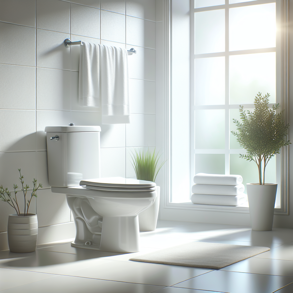 A pristine, sparkling clean toilet in a bright and airy modern bathroom. A subtle, refreshing aroma is visually represented by soft, clear light or delicate air currents, giving a sense of freshness. The toilet bowl is gleaming white, and the surrounding area is spotless. A small, fresh green plant or a neatly folded white towel adds to the feeling of cleanliness. Bright, inviting atmosphere. Realistic photo.