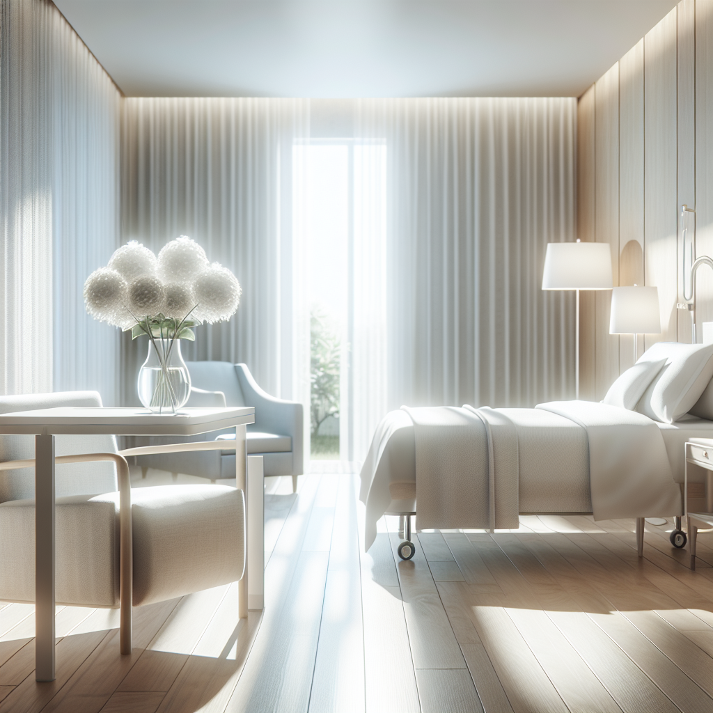 A bright, airy, and inviting room in a modern nursing home, bathed in soft, natural sunlight. The room features a neatly made bed with crisp, clean linens, a comfortable armchair, and a small vase of fresh, white flowers on a bedside table. The overall atmosphere conveys cleanliness, comfort, and a pleasant, odor-free environment, suggesting freshness and well-being. High-quality, realistic photograph.
