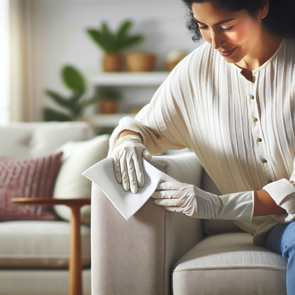 A close-up shot of a person's hands gently blotting a fresh, subtle damp spot on a light-colored, cozy fabric sofa with white paper towels. The scene is bright and clean, emphasizing care and immediate action in a modern living room setting.