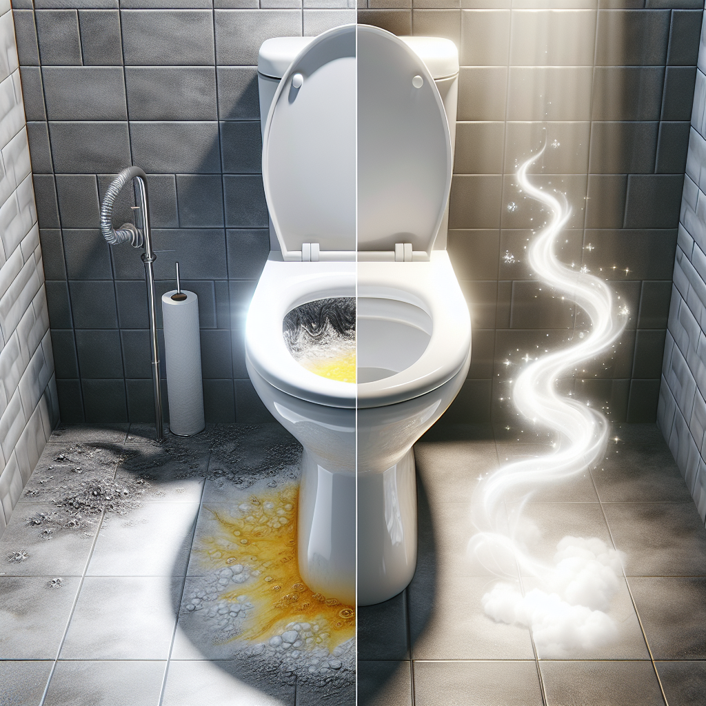 A toilet bowl, visibly covered in yellow-brown urine scale and a subtle, swirling grey mist representing unpleasant odor on one side. The other side is sparkling clean, white, and emits soft light rays and a fresh, clean scent symbol. Modern bathroom background. Realistic, high-contrast, before and after effect.