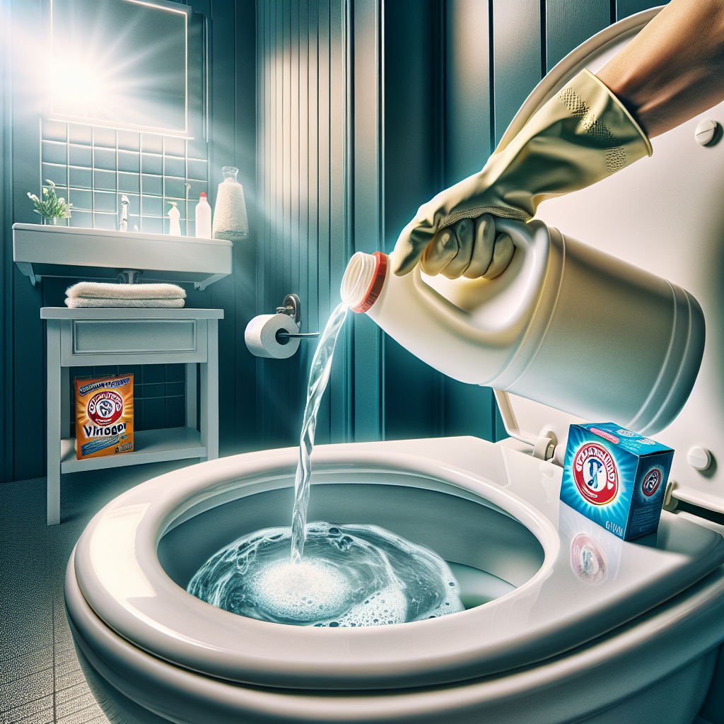 A close-up shot of a hand wearing a cleaning glove, pouring white vinegar from a bottle into a sparkling clean toilet bowl. A bottle of vinegar and a box of baking soda are clearly visible on the edge of the toilet. The bathroom background is bright and clean, emphasizing freshness. Realistic, bright lighting.