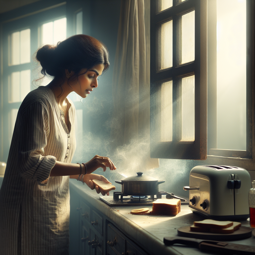A kitchen scene with a faint haze of smoke lingering in the air. A person is actively opening a large window wide, letting in bright natural light, with a slightly concerned but determined expression. On the counter, a pot with a hint of burnt residue or a smoking toaster is visible. The overall atmosphere conveys the immediate aftermath of a cooking mishap and the first steps to air out the space. Realistic photography style.