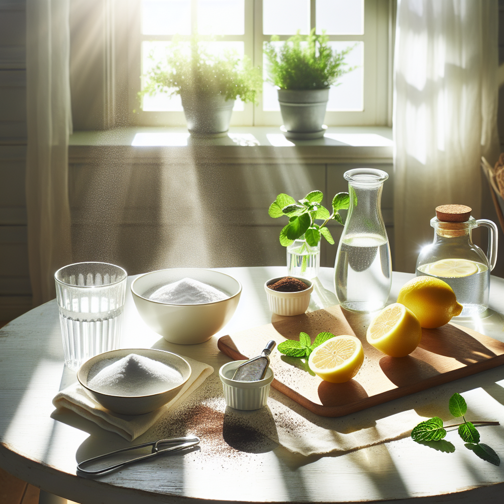 A clean and fresh-looking room, perhaps a kitchen or living area, with sunlight streaming through a window. On a pristine surface (like a wooden table or a white counter), an arrangement of common household items known for neutralizing odors: a small bowl of baking soda, sliced lemons, a dish with coffee grounds, and a sprig of fresh mint or herbs. The image evokes a sense of cleanliness, pleasant aroma, and effective home remedies. Bright, airy, and inviting photography style.