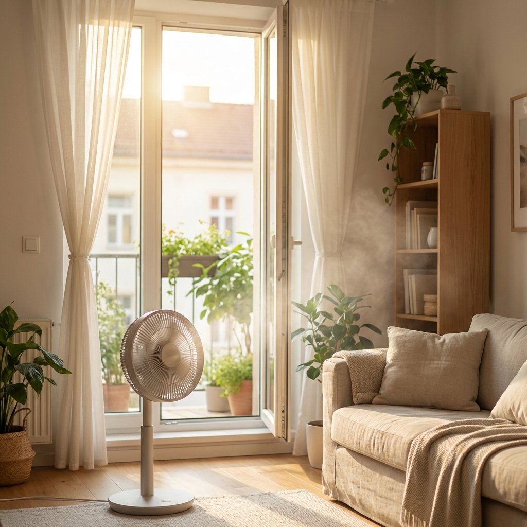 A bright, airy apartment interior, focusing on an open window with fresh air visibly streaming in. Sunlight pours through, highlighting dust motes and a subtle, almost invisible 'haze' representing the lingering burnt smell dissipating towards the outside. A fan might be strategically placed near the window or in the background, subtly indicating active air movement. The overall atmosphere should convey a sense of renewal and cleaning. Professional photo style, with a slightly soft focus to emphasize the atmospheric elements and a warm, inviting color palette.
