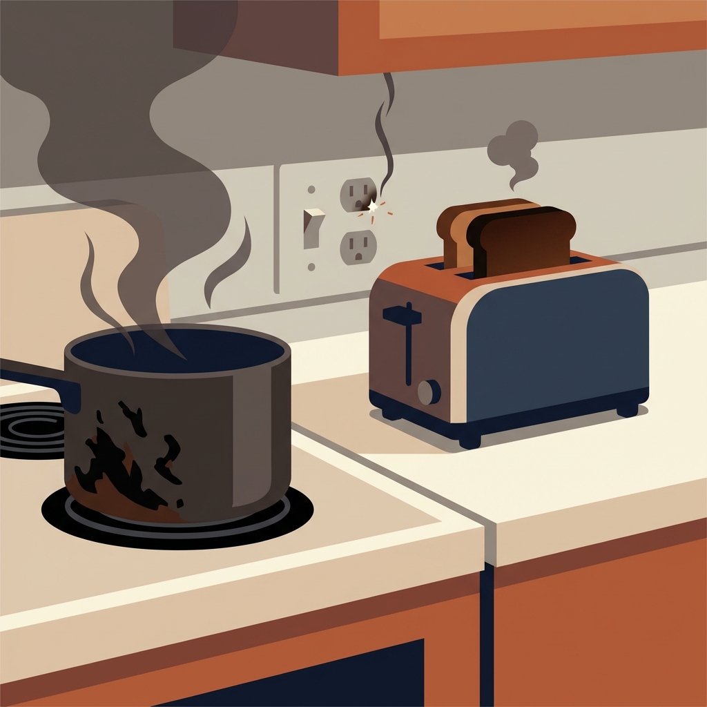 A stylized flat illustration depicting a kitchen countertop with common sources of burnt smell. In the foreground, a visibly charred pot or pan sits on a stove burner, with a faint, dark smoke wisp curling upwards. Next to it, a toaster with a piece of dark, burnt toast peeking out. In the background, a subtle, almost abstract representation of an electrical outlet with a tiny spark or smoke trail could hint at electrical defects. The scene uses a clean, modern aesthetic with a limited color palette, emphasizing the 'before' state of a lingering smell source.