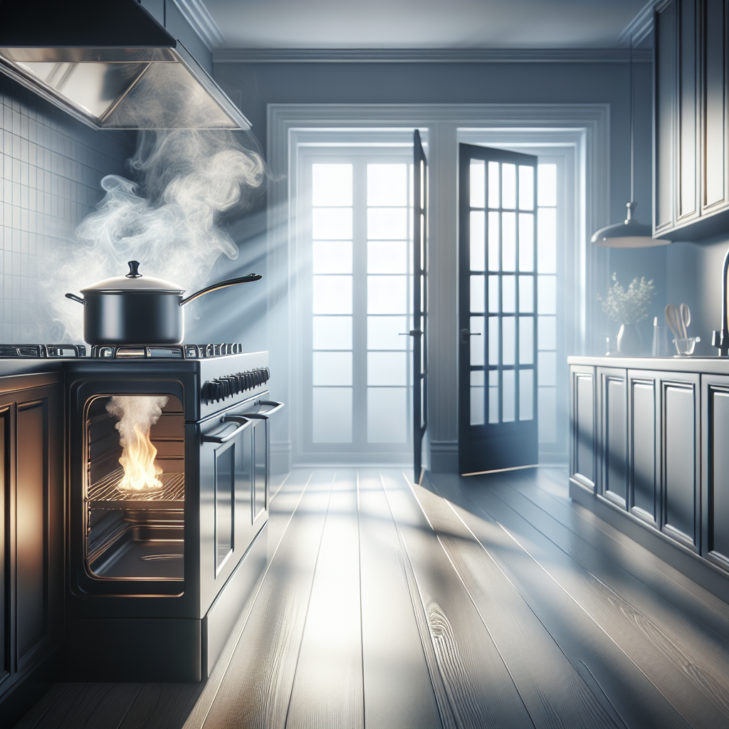 A modern, slightly smoky kitchen interior after a cooking mishap. A burnt saucepan sits on the stove, emitting a faint, wispy smoke. A large window is wide open, letting in bright, clear daylight and a gentle breeze, symbolizing air circulation and the immediate action of removing the burnt smell. Emphasize a realistic, clean aesthetic with a touch of urgency. German home style.