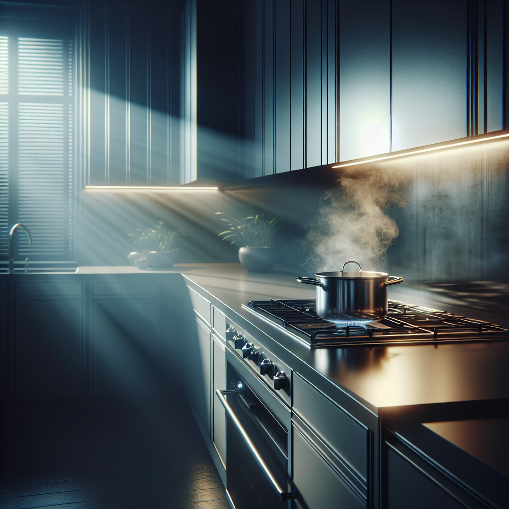 A modern kitchen with a subtle but visible burnt haze lingering in the air, emanating from a forgotten pot on the stove. The scene conveys a sense of unpleasantness and the immediate aftermath of a cooking accident, with a slightly opened window in the background.