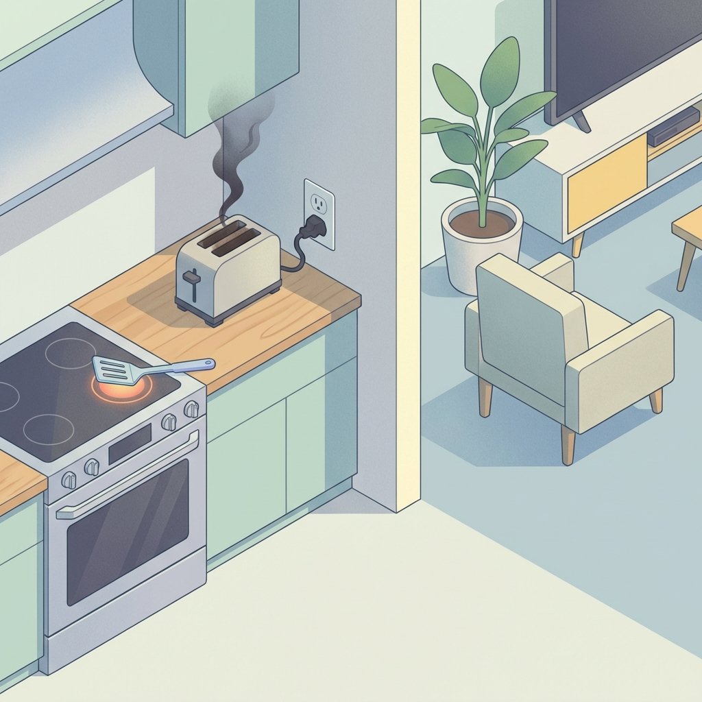 A modern, clean isometric illustration of a home interior, specifically a kitchen corner and a part of a living space. Key elements that are subtly smoking or show signs of overheating include an electrical outlet with a slightly melted plug, a toaster emitting a small wisp of dark smoke, and a plastic utensil accidentally touching a hot stovetop burner. The overall scene should convey a sense of a silent, invisible problem, hinting at the various sources of burnt plastic smell.