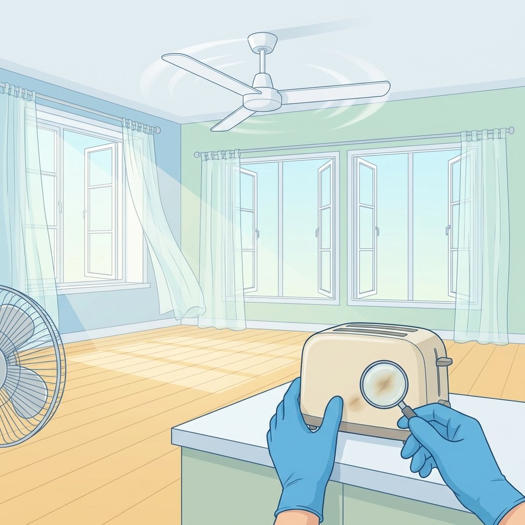 A bright, airy professional vector illustration depicting a domestic room (e.g., living room or kitchen) with large windows wide open, allowing a strong flow of fresh air into the space. A ceiling fan or floor fan is visible, actively circulating air. In the foreground, a pair of gloved hands is carefully examining a subtle, discolored burn mark on a surface or a small appliance, symbolizing the act of identifying the source. The imagery should convey cleanliness, ventilation, and active investigation.