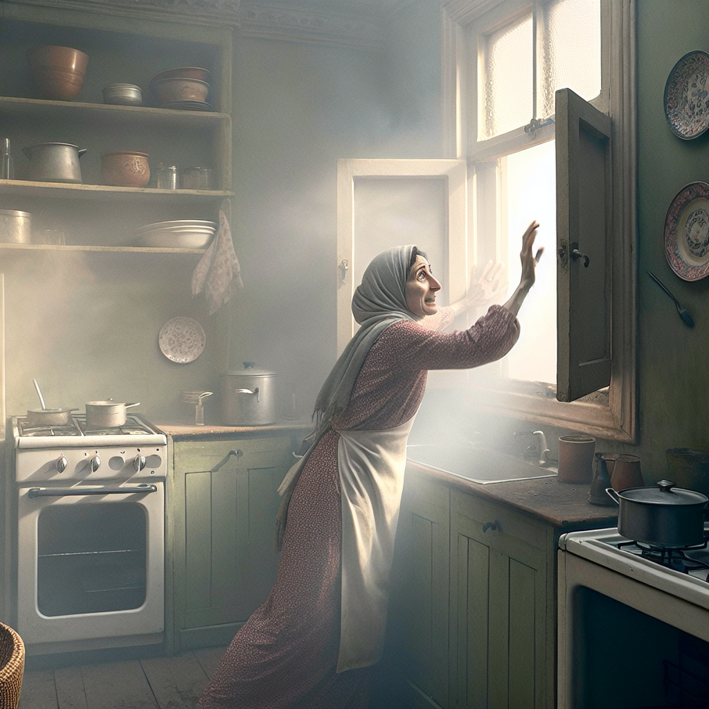 A cozy, slightly smoky kitchen interior. A subtle haze hangs in the air, hinting at a recent burning incident, perhaps a forgotten pot on the stove or an open oven door. A person is frowning slightly while opening a window wide, a visible expression of wanting to air out the unpleasant, lingering burning smell. The room feels stuffy.