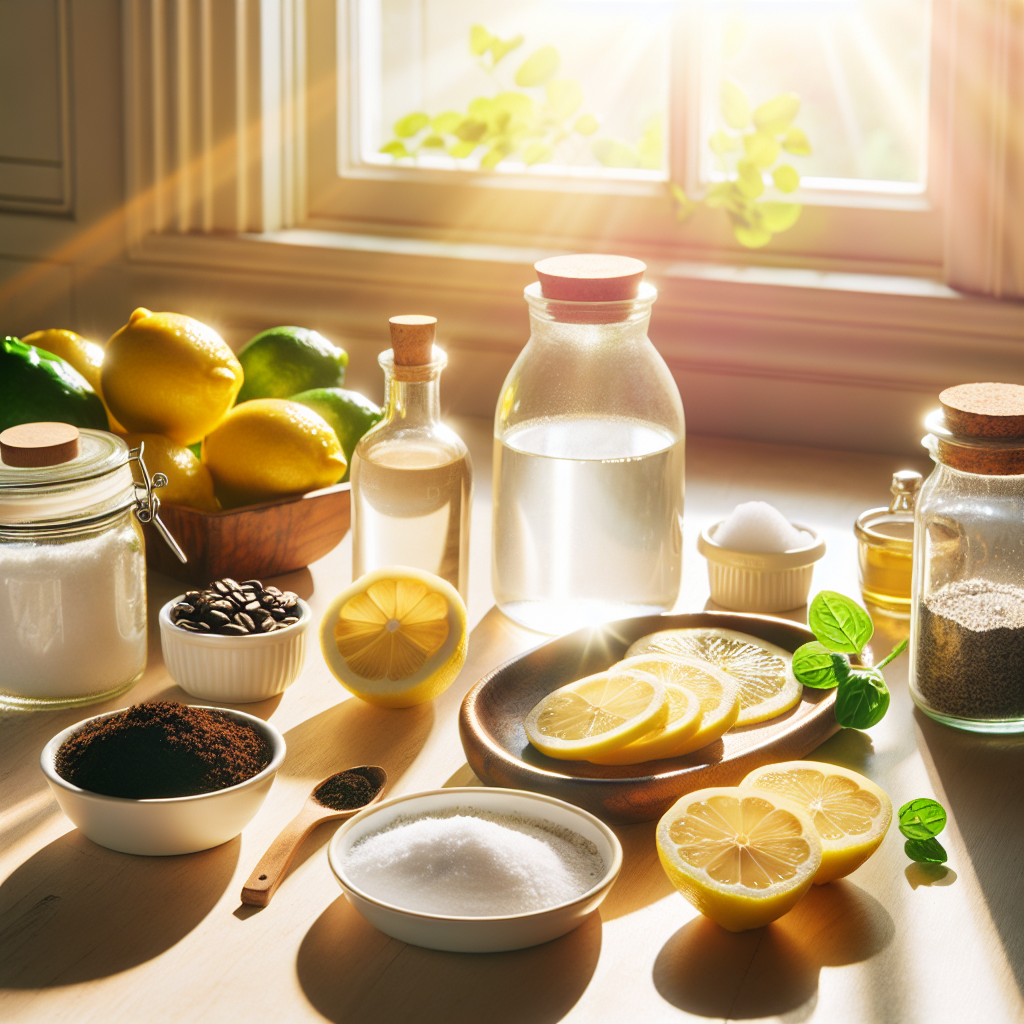 A bright, clean, and fresh-looking kitchen counter. On it, various natural odor-absorbing home remedies are neatly displayed: a bowl of white vinegar, a small plate of fresh coffee grounds, a bowl with cut lemon slices, and a small container of baking soda. Sunlight streams in through a nearby window, illuminating the scene and symbolizing a clean, fresh atmosphere, free of bad smells.