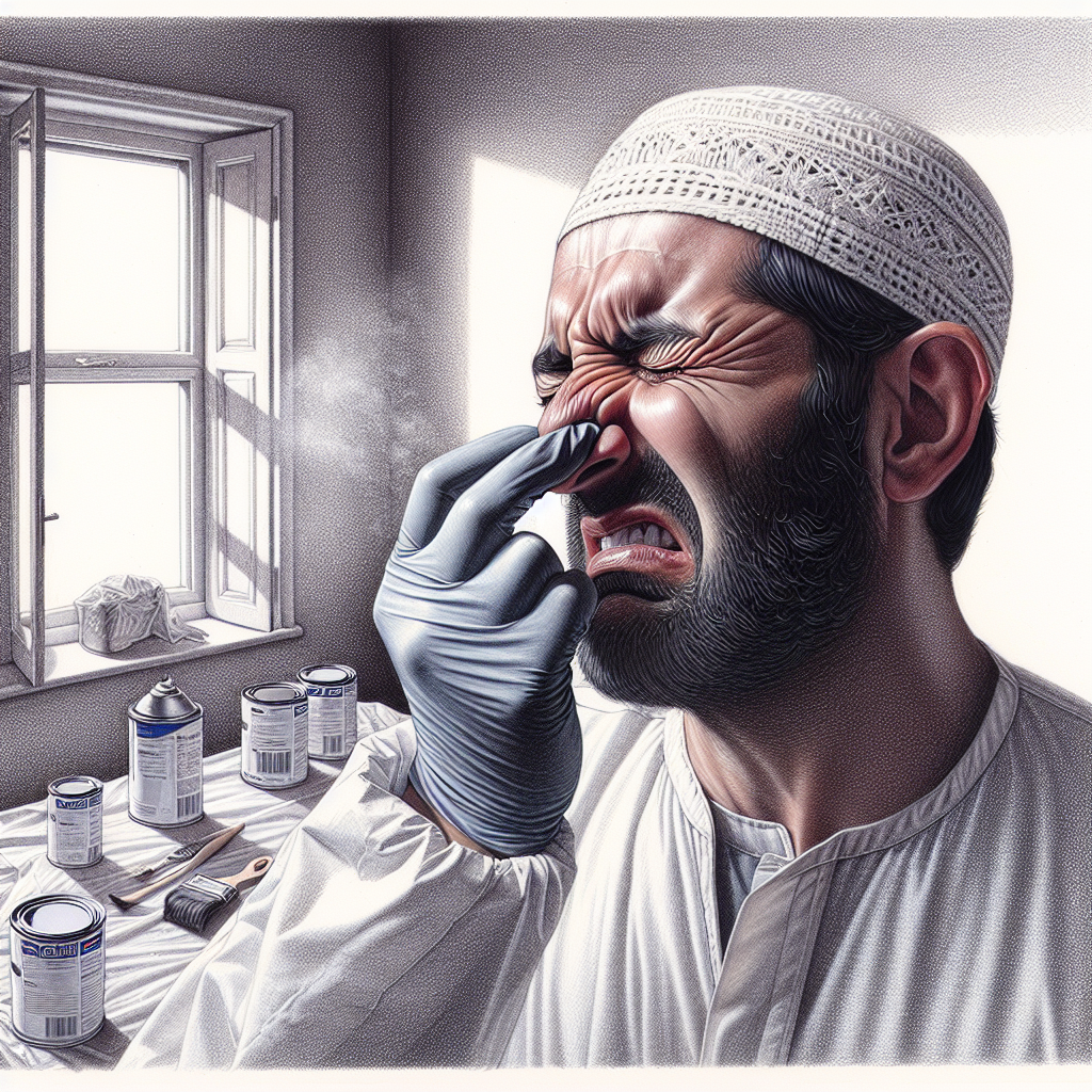 A person with a frustrated expression, holding their nose, standing in a slightly hazy room that suggests the lingering, strong chemical odor of paint thinner. Windows are wide open for ventilation, but the smell persists. Paint cans and brushes are visible on a drop cloth. Realistic style, emphasizing the discomfort.