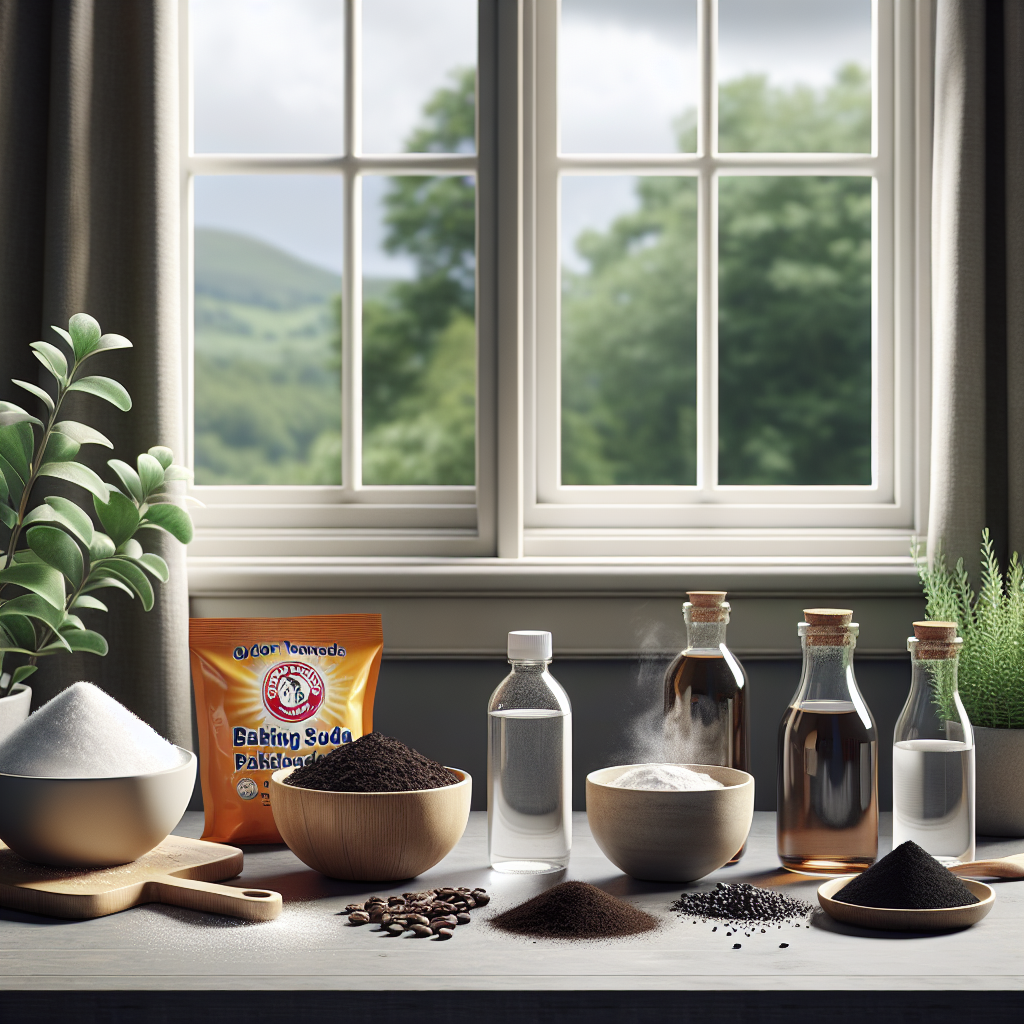 A clean, bright still life composition featuring small bowls filled with home remedies for odor neutralization: a bowl with a vinegar-water solution, a bowl with fresh coffee grounds, a bowl with baking soda powder, and a small sachet of activated charcoal. A hint of an open window in the background, suggesting fresh air. Emphasize cleanliness and a sense of freshness replacing a bad smell. Realistic, inviting style.