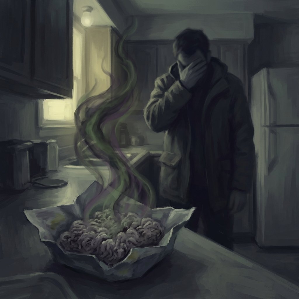 A realistic digital painting depicting a dimly lit kitchen scene. In the foreground, a faint, greenish-purple, swirling cloud of foul odor visibly emanates from a discolored, spoiled piece of meat (e.g., ground beef or chicken) lying on a countertop or partially in an open trash bin. A blurred human hand or silhouette in the background is shown recoiling slightly, perhaps covering their nose, indicating strong aversion. The overall atmosphere should be slightly oppressive, emphasizing the unpleasantness and urgency of the situation. Focus on visual cues for the bad smell, without any actual text.