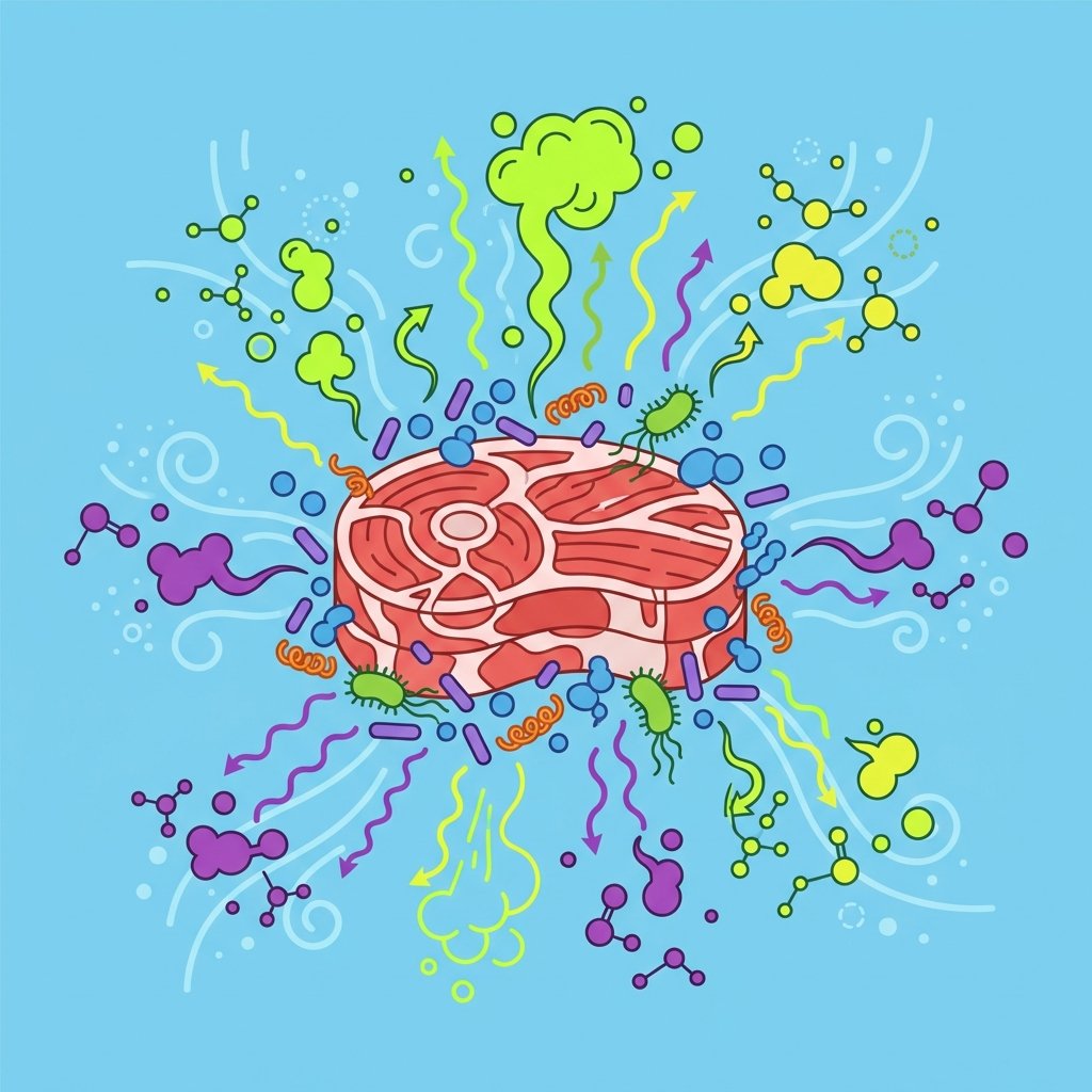 An infographic-style flat illustration showcasing the scientific process of meat decomposition. In the center, a stylized cross-section of meat (e.g., muscle fibers) is depicted, surrounded by various microscopic bacteria (represented as simple, distinct shapes like rods and spheres). From the meat and the bacteria, wavy lines or abstract, brightly colored gas molecules (in hues of green, yellow, and purple) are visibly rising and spreading outwards, symbolizing volatile organic compounds (VOCs) like hydrogen sulfide and amines. The illustration should be clean, clear, and diagrammatic, focusing on the visual explanation of odor creation.