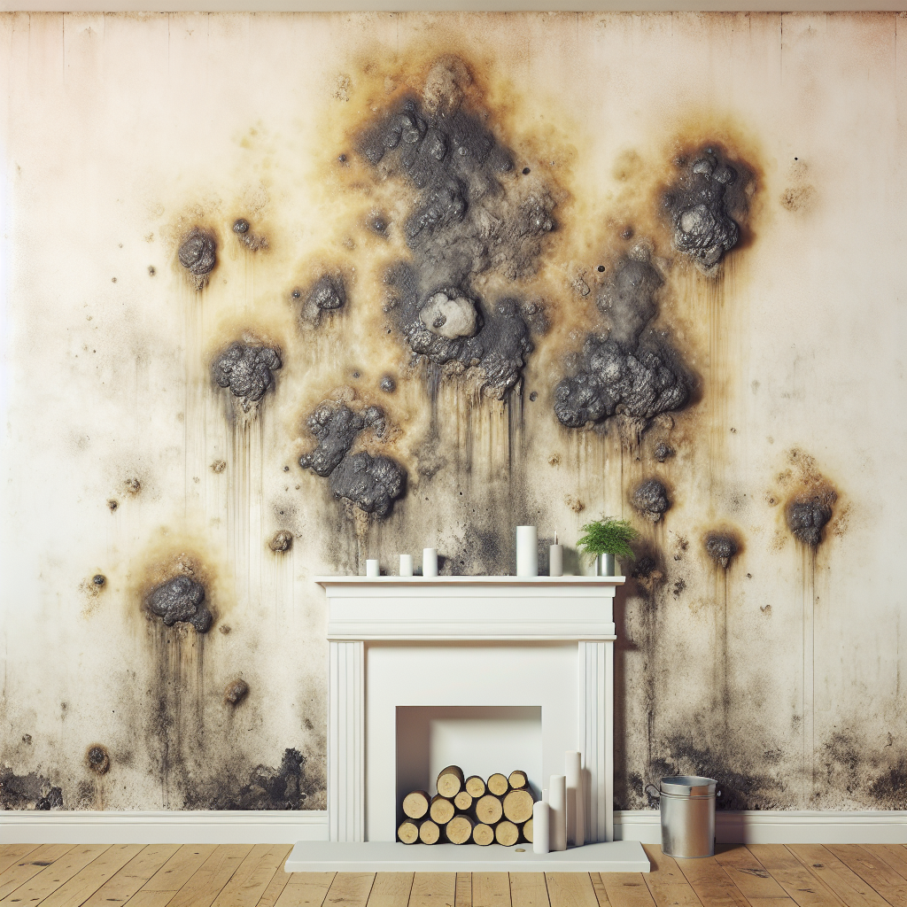 A close-up, highly realistic photograph of a white or light-colored interior wall heavily marred by dark, greasy, and yellowish-brown 'Versottung Flecken' (soot and creosote stains). The texture of the wall shows damage and discoloration. The stains are prominent and unsightly, conveying a sense of dirt and neglect, with a subtle hint of a fireplace or chimney corner in the soft background.