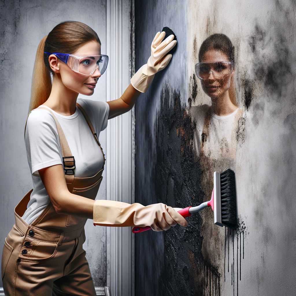 A realistic, dynamic photograph showing a person, wearing protective gloves and safety glasses, actively cleaning a wall with a cleaning tool (e.g., a sponge or brush). One section of the wall is still covered in dark, greasy 'Versottung Flecken' (soot and creosote stains), while an adjacent area is visibly cleaner and lighter, illustrating the cleaning process and showing progress. The setting is an indoor residential space.