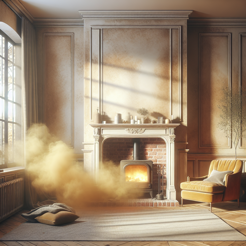 A cozy living room featuring a fireplace, but with a noticeable, subtle yellowish-brown haze in the air, creating a heavy and unpleasant atmosphere. Faint discolored stains are visible on the wall around the chimney, evoking the lingering 'Versottung' smell, high detail, photorealistic.