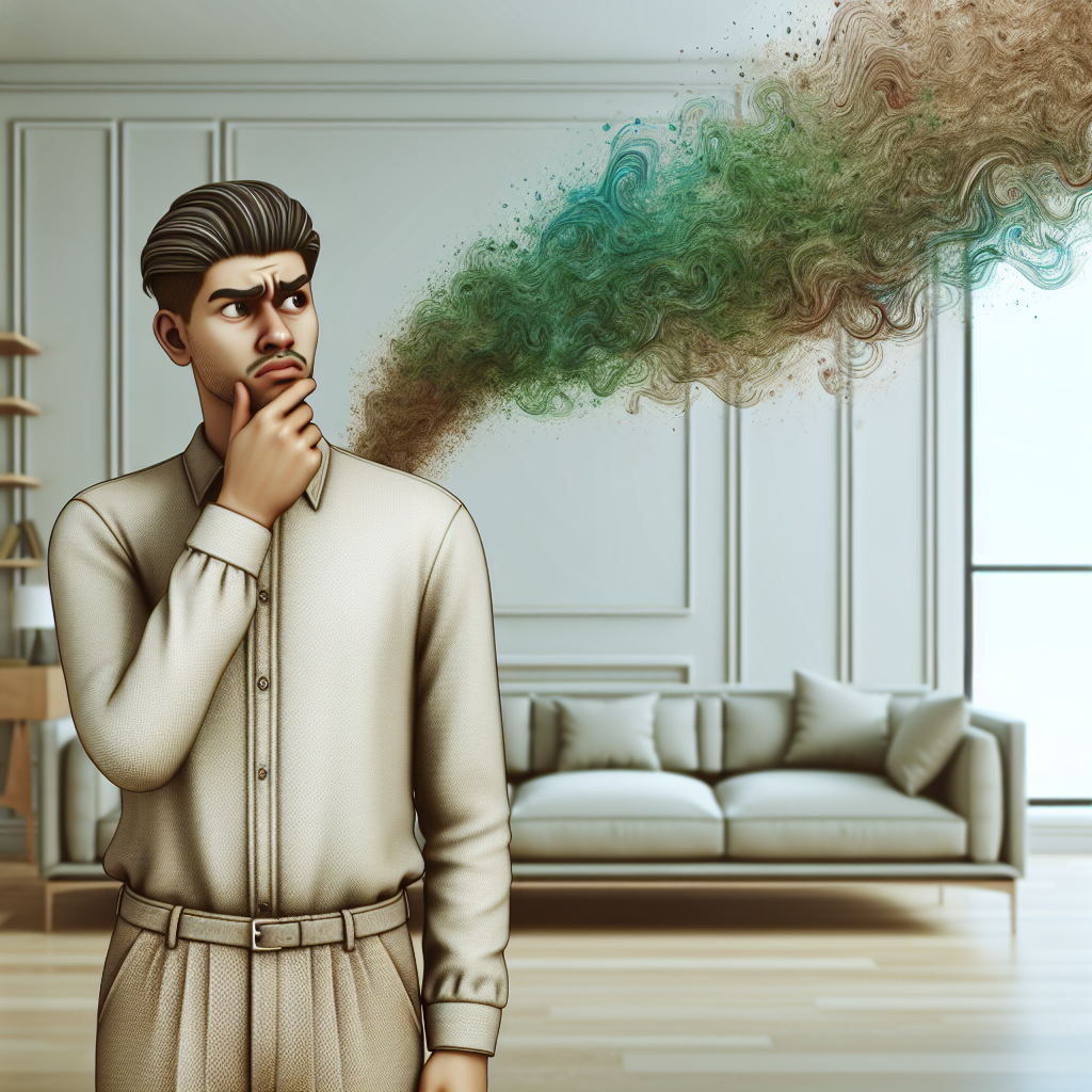A person (gender-neutral) in a modern, clean living room, looking puzzled and sniffing the air with a slight frown. Subtle, abstract greenish-brown wisps of 'musty smell' are subtly emanating from behind a minimalist sofa, suggesting a hidden issue. The room appears spotless, but there's an underlying sense of an undetected problem, emphasizing hidden mold smell.