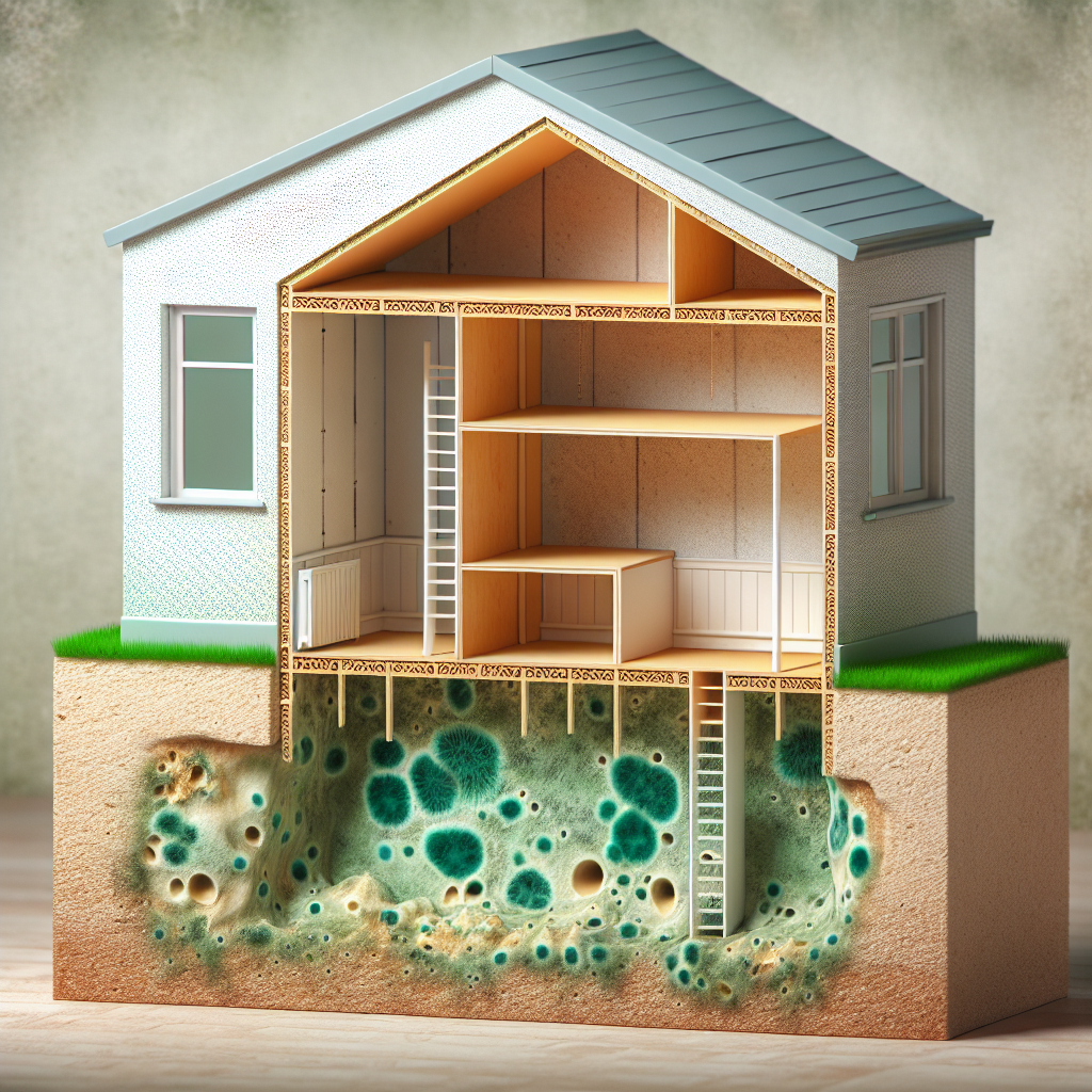 An illustrative cross-section of a house wall, revealing a hidden void behind the plasterboard and wallpaper. Inside the cavity, subtle, damp-looking patches of mold are growing. A faint, greenish-brown vapor, representing a 'musty odor,' is subtly escaping from the wall into the otherwise clean and brightly lit room, highlighting the concept of hidden mold in unseen places.