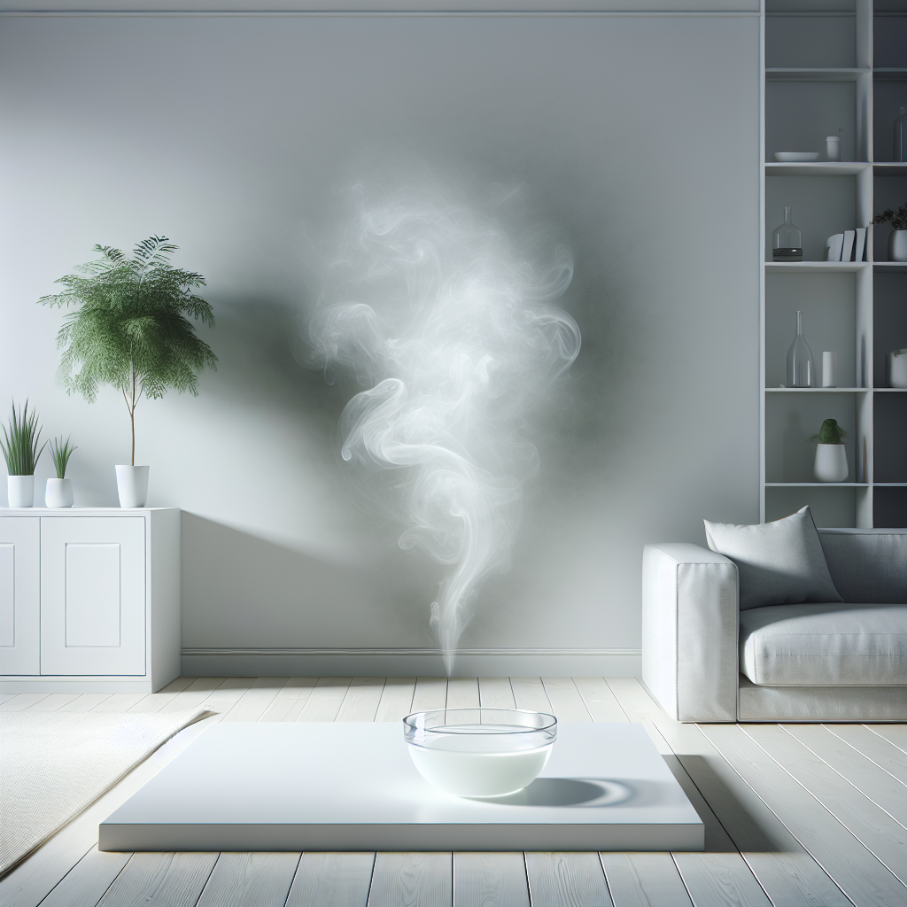 A minimalist and clean home interior (e.g., kitchen or living room corner) where a subtle, almost invisible, abstract wisp of unpleasant odor (e.g., very faint grey-green haze) is emanating from a hidden or hard-to-reach spot, like behind a cabinet or under a rug. In the foreground, a simple, clear glass bowl filled with white vinegar sits prominently on a clean surface, hinting at a natural solution. The overall lighting is soft and natural, emphasizing a contrast between the implied problem and the simple remedy. Realistic, clean photography style.