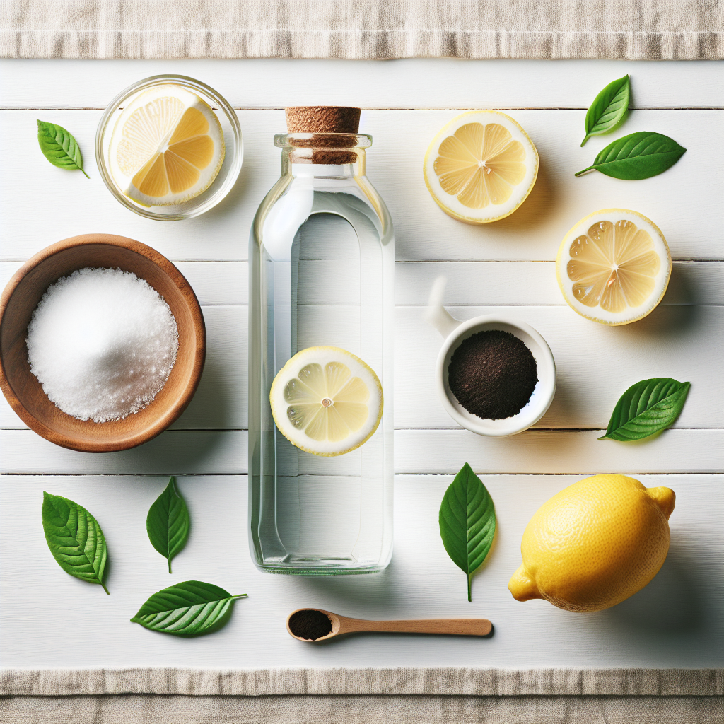 An aesthetic flat lay composition of various natural home remedies against a bright, clean wooden or white background. The arrangement includes a clear bottle of white vinegar, a small ceramic bowl filled with baking soda, fresh lemon halves or slices, and a small pile of fresh coffee grounds. The scene conveys a sense of cleanliness, natural effectiveness, and freshness. Bright, inviting, and modern product photography style.