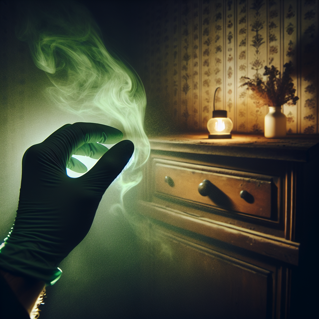 A dimly lit, slightly unsettling domestic scene, with a subtle, swirling greenish-brown haze subtly representing a foul, pervasive odor. A hand, possibly gloved, is investigating a dark, hidden corner or behind a piece of furniture, implying the search for the source of the smell. The atmosphere is one of urgency and unpleasant discovery. Realistic photography, low angle.