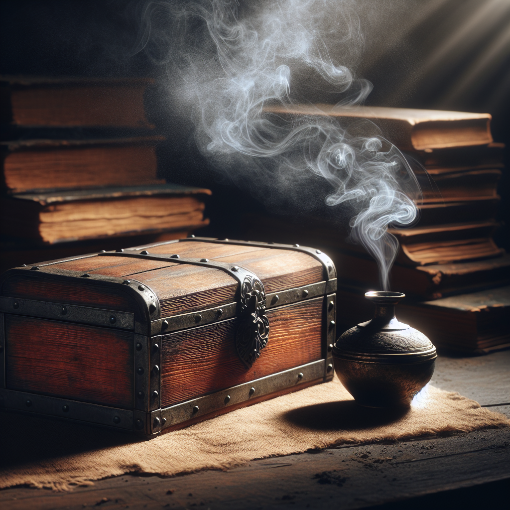 A vintage wooden chest or a pile of old books in a slightly dusty, atmospheric setting. Subtle, ethereal wisps of a musty smell are visibly emanating from the item, conveying the 'vintage odor' problem. Realistic, slightly moody lighting, evoking a sense of age and forgotten storage.