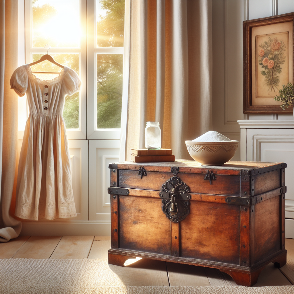 A bright, airy scene featuring a beautifully revitalized vintage wooden chest or a neatly hung vintage dress, positioned near an open window with warm sunlight streaming in. A small bowl of baking soda is subtly visible on a surface nearby. The overall aesthetic is fresh, clean, and inviting, symbolizing the successful removal of musty odors.