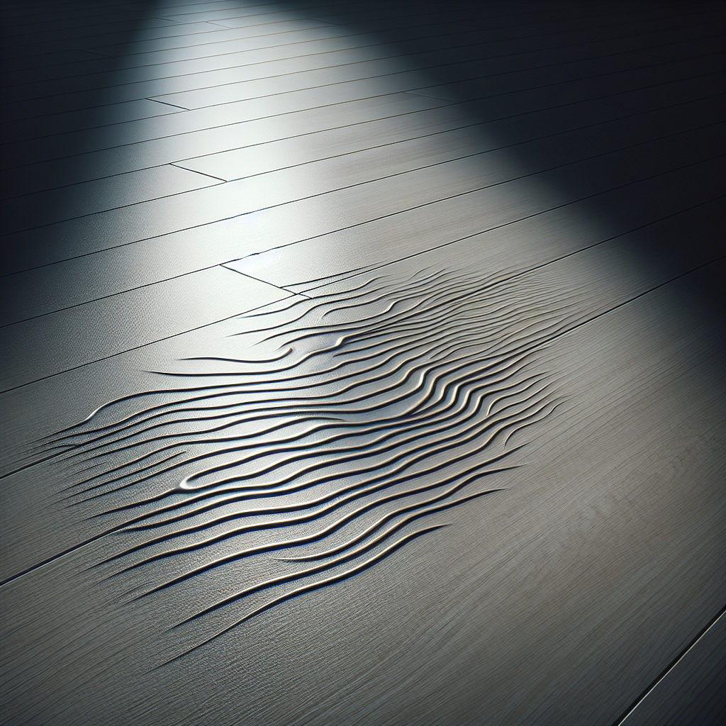 A close-up shot of a modern vinyl floor with a subtle, unappealing stain or faint water mark near a dark corner, emitting barely visible, wavy lines symbolizing an unpleasant odor. The light is somewhat dim, creating a slightly uncomfortable and stale atmosphere. Realistic, high-resolution photography.