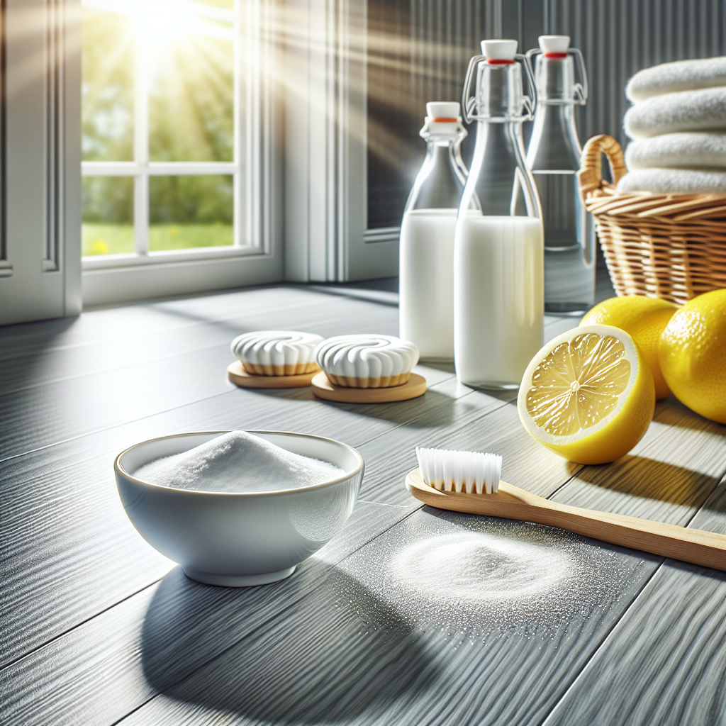 A close-up on a sparkling clean vinyl floor in a well-lit, fresh-looking room. Next to it, a small bowl of baking soda or a few lemon slices are subtly placed, representing home remedies. Sunlight streams in from an open window in the background, with a fresh breeze implied. Realistic, clean, and bright photography style.