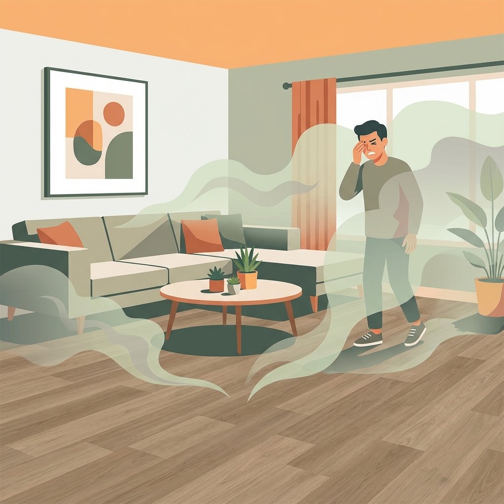 A vibrant flat illustration depicting a modern living room after new vinyl flooring has been installed. Subtle, transparent green or grey gaseous wisps emanate from the floor, spreading throughout the room, symbolizing VOCs and the unpleasant vinyl smell. A stylized human figure is present, perhaps slightly averting their face or looking uncomfortable, hinting at the undesirable air quality. The overall atmosphere suggests a slight dullness or heaviness in the air, contrasting with the otherwise clean room's decor, emphasizing the issue of trapped odors.