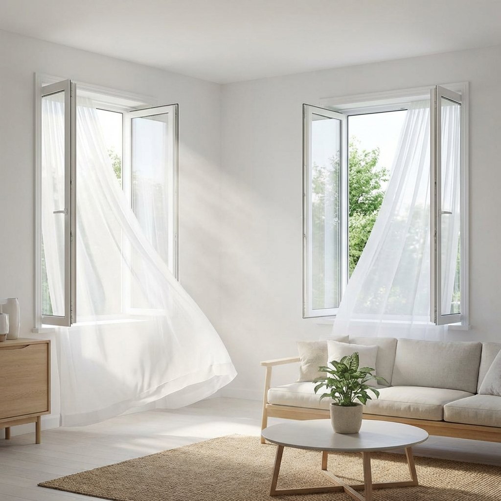 A bright, clean professional photo showcasing effective cross-ventilation in a contemporary living space. Two opposite windows are wide open, with sheer curtains gently billowing inwards from one window and outwards from the other, clearly suggesting active air movement. A subtle, soft light stream enters the room, creating a fresh and airy feel. The image conveys a sense of invigorating air circulation, with a focus on fresh air replacing stale air to improve indoor air quality.