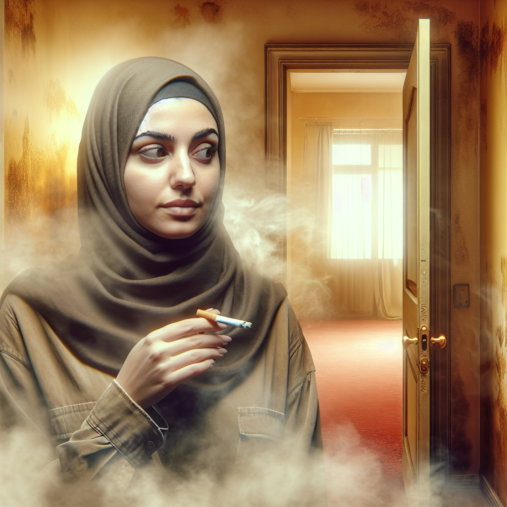 A person with a slightly dismayed expression stands at the entrance of a new, empty apartment. Subtle yellowish-brown smoke haze visibly lingers in the air, hinting at a persistent cigarette smell. The apartment walls show faint discoloration, and the overall atmosphere is a bit dingy, emphasizing the challenge of removing the odor. Realistic, cinematic, muted colors.