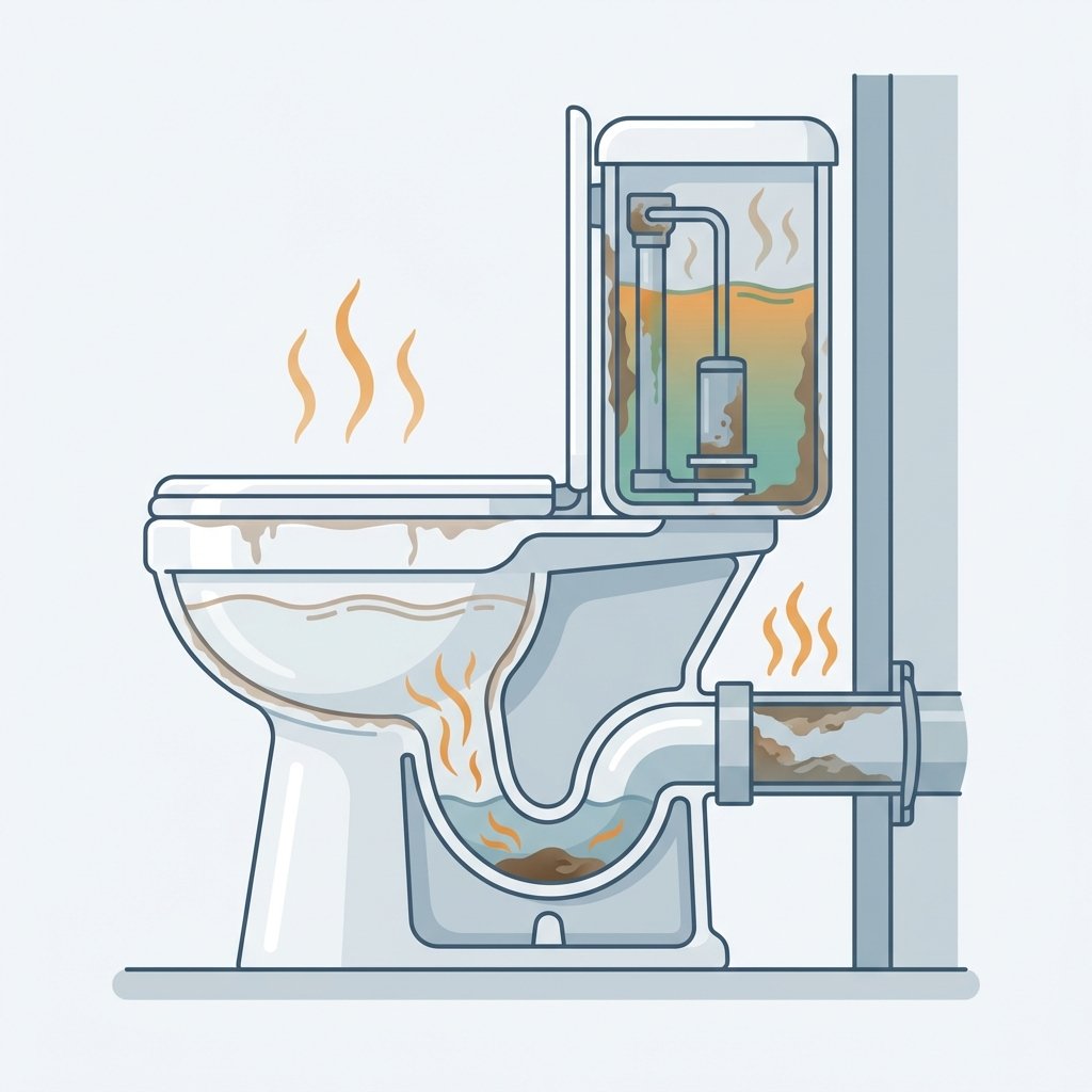 A detailed infographic-style illustration showing a cross-section of a toilet and its immediate plumbing connections, highlighting common sources of bad odors. Visible elements include the toilet bowl with subtle indications of scale or residue, the S-bend/siphon, the water cistern interior showing potential discoloration or bacterial growth, and a pipe leading away with a small blockage. Faint, stylized 'odor waves' emanate from these problem areas. The overall look should be clean and educational, using a limited, professional color palette suitable for a blog article.