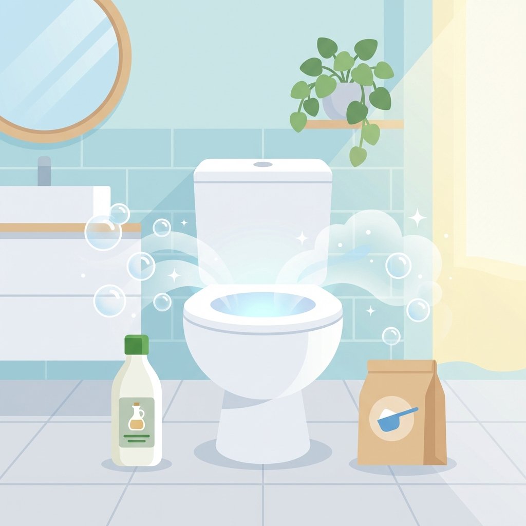 A vibrant, flat illustration depicting a clean, modern bathroom setting with a toilet as the central focus. Around the toilet, several common household cleaning items are creatively arranged, specifically a bottle of white vinegar and a box/bag of baking soda. Stylized bubbles or a gentle neutralizing effect could emanate from these products towards the toilet bowl, symbolizing their cleaning action against odors. The scene should convey a sense of freshness and effectiveness, with soft lighting and a minimalist background.