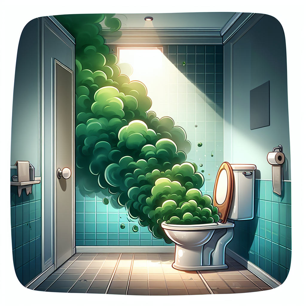 A cartoonish, uninviting bathroom scene where murky, green-brown fumes visibly swirl and emanate from a toilet bowl, symbolizing a strong unpleasant odor. The room appears slightly dim and uncomfortable, emphasizing the problem of bad smells. Digital art style, with a clear focus on conveying an 'unpleasant smell'.
