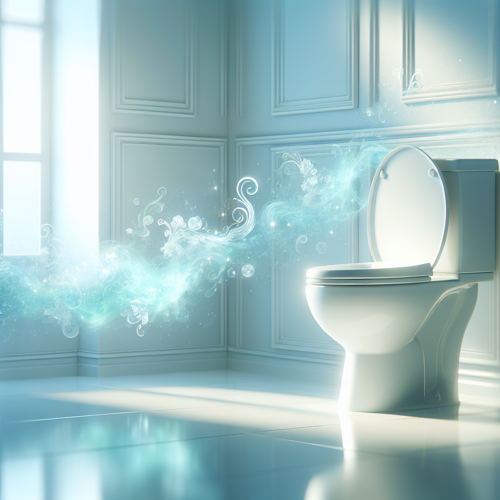 A bright, sparkling clean and airy bathroom with a pristine white toilet. Soft, fresh light streams into the room, and subtle, refreshing light blue or mint-green air currents gently swirl, symbolizing a clean and pleasant scent. The overall atmosphere is inviting, fresh, and pure. Digital art style, focus on freshness and cleanliness.
