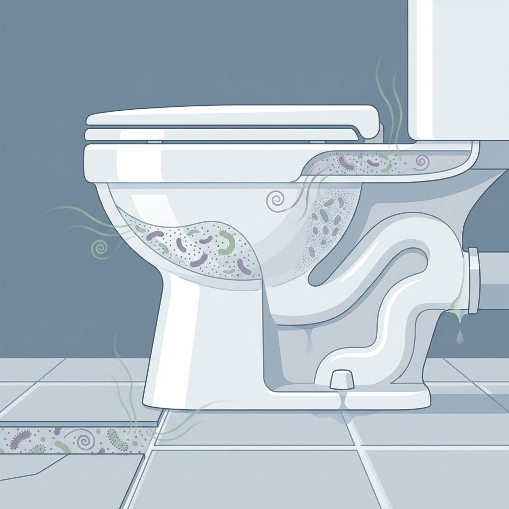 A detailed, cutaway flat illustration depicting the hidden sources of unpleasant urine smell in a bathroom. The scene should feature a modern toilet basin viewed from the side, with transparent layers revealing common problem areas. Highlight microscopic bacteria thriving in grout lines between floor tiles, under the toilet rim, within the porous ceramic surface, and subtly around a leaky connection point at the base. Use faint, swirling green or purple aura lines to represent the unpleasant odor emanating from these concealed spots. The overall style should be clean, informative, and diagrammatic, utilizing a limited color palette to emphasize the problematic areas.