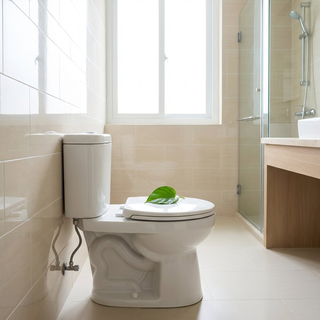A vibrant and clean professional photo capturing a sparkling fresh bathroom scene. The central focus is a pristine white toilet, gleaming under soft, natural light, subtly conveying a sense of profound cleanliness and a fresh atmosphere. A gentle visual element, such as a single dewy green leaf resting on the toilet tank or a soft, airy mist effect rising from behind the toilet, should be strategically included to evoke freshness. The surrounding bathroom environment should appear modern and impeccably tidy, with polished tiles and no clutter, symbolizing the successful transformation into a pleasant, odor-free space.